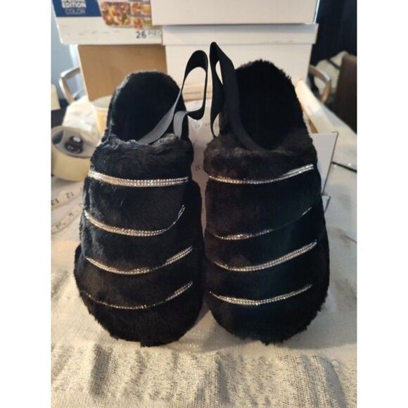 Bamboo Shoes - Bamboo Women's Black Fur Rhinestone Slingback‎ Slippers Comfy Warmness 8.5